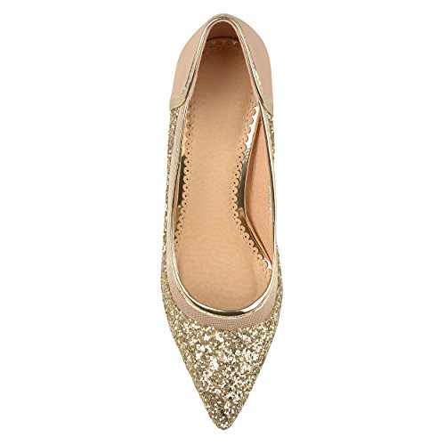 Brinley Co. Womens Kori Faux Suede Mesh Glitter Almond Toe Heels Gold, 8.5 Regular US3