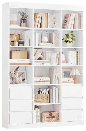 Image of IRONCK Bookcase Bookshelf with 6 Drawers & 14 Multi-Size Open Cubes, White