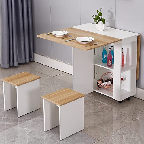 Vanspace Folding Dining Table And Chairs Set For 4 Drop Leaf Kitchen Table For Small Spaces With 2 Tier Storage Racks Multifunction Space Saving Table Extension Dinner Table Wood And White #TOP5