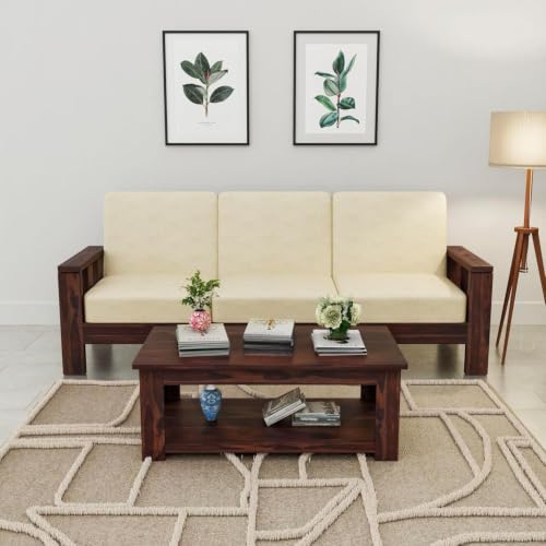 Image of Sheesham Wooden 3 Seater Sofa for Living Room | Rosewood 3 Seater Cushion Sofa for Home & Office | Solid Wood Sofa Set for Lounge (Walnut, 3 Seater)