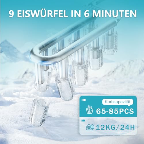 EUHOMY Eiswürfelmaschine Klein, 12KG Eiswürfelbereiter Ice Maker, 9 Würfel in 6 Minuten fertig, Schwarz Eiswürfelmaschine mit Tragbarem Griff, 12KG/24H, Selbstreinigendes Eiswürfelmaschinen