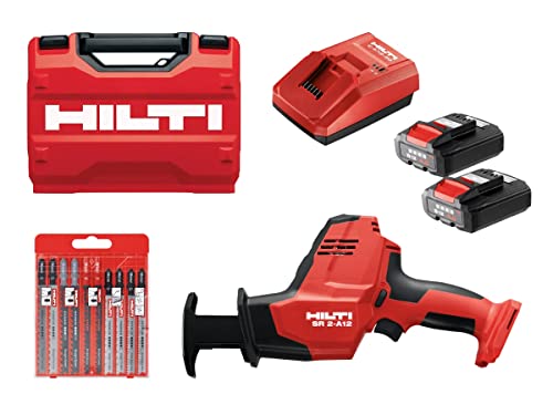 Hilti 2406818 Kit Sierra de sable SR 2-A12 + 2 baterías B 12/4.0 + cargador C4/12-50 + Juego 10 hojas de sierra de calar (Longitud carrera 16mm. Tasa 2900 cpm. Demoliciones ligeras. Con maletín)