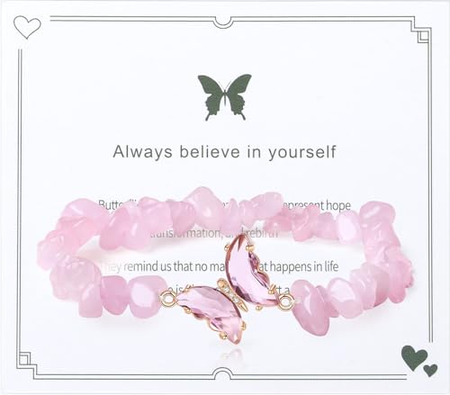 Image of Sahoottie Pink Butterfly Bracelets Rose Quartz Crystal Bracelet for Women Rose Quartz Bracelet Butterfly Gifts Healing Stone Gemstone Jewellery