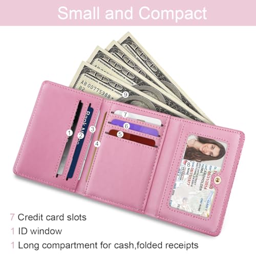 Image of Trifold Small RFID Blocking Wallet Pocket Cute Short Slim Sparkling Credit Card Holder Leather Keychain Ladies Mini Purse with ID Window, Glitter Peach
