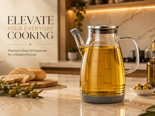 Image of 750ML Glass Oil Dispenser Bottle for Kitchen,Leakproof Borosilicate Glass with Anti-Drip Spout, Measuring Markings & Silicone Base for Cooking Oil, Olive Oil, Vinegar, Soy Sauce-PC.1