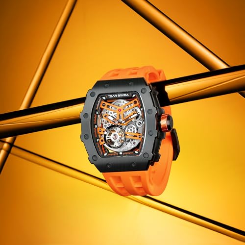 Image of TSAR BOMBA Men's Automatic Watch Tonneau Luxury Skeleton Watches for Men Mechanical 50M Waterproof Analogue Watches Mens Unique Cool Square Big Face Dial Wristwatch with Silicone Strap Band