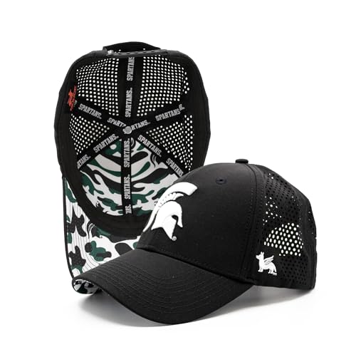 Michigan State Hat Black Baseball Cap with White Spartan Helmet and Custom Camo Underbill Snapback (MSU Spartans - Spartan Helmet Logo)