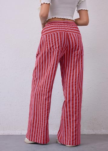 Image of MISSACTIVER Women Drawstring Striped Pants Loose Wide Leg Trousers Casual Low Waist Pants Comfy Lounge Pants with Pockets