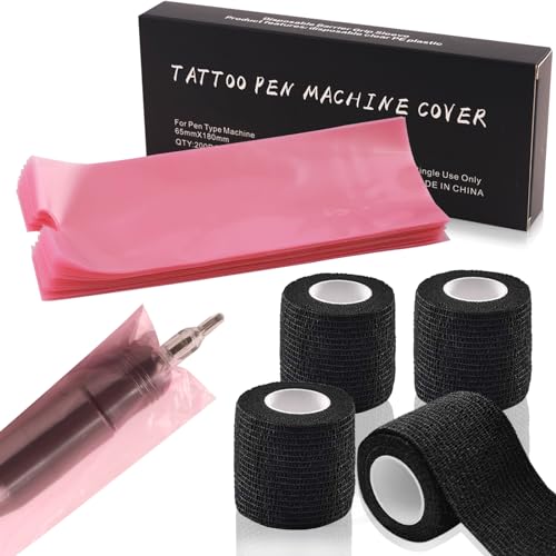 Grip Tape et Sacs de Stylo Jetable Kits, Rayyl 204pcs Kits économiques 200pcs Manchons de Stylo de Machine et 4 Roll Self Adherent Elastic Bandage pour Tattoo Accessories (Rose)