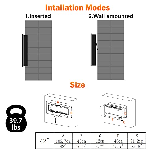 Sunny Flame 42" Electric Fireplace With Wi-Fi/Remote Control Wall Mounted And Recessed, Low Noise Fireplace With Timer, Touch Screen, Adjustable Flame Color And Speed, 750W/1500W, Log Set & Crystal #TOP5