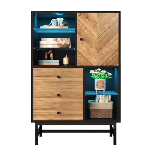 hrijusdif Vitrina con tira LED de 12 colores, armario de cocina con cajones y estantes de cristal, grano de madera triangular