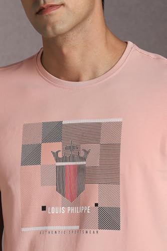 Image of Louis Philippe Men's Slim Fit Jersey Half Sleeve Crew Neck Tshirt with Stretch Graphic Print Brand Carrier on Chest