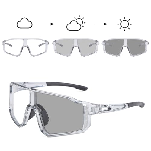 Long Keeper Cycling Glasses Photochromic Sports Sunglasses Women Men Windproof Running Sun Glasses Driving Fishing Mountain Bike Sunglasses UV400 Shades (Clear Grey)