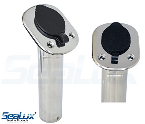 SeaLux Marine Boat 30 Degree SS Rod Holders, Flange 3-1/2"x 4-1/2", Flush Mount, Open Drain with pad, Black Liner and Cap