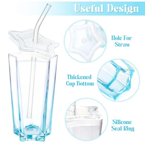 Image of Glass Cup with Lid and Straw - 350ml, Set of 1, Drinking Cup Set with Lids Straws, Cute Pentagram Design Color Glass Tumbler Cup for Smoothie Soda Ice Tea