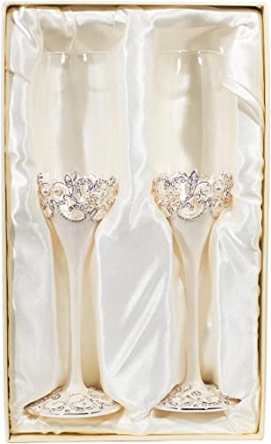 Pearl Finish Wedding Champagne Toasting Flutes, Set Of 2 Elegant Ornate Toasting Glasses For Bride And Groom #TOP2