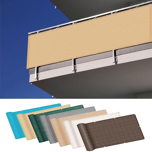 Brise-Vue 75 x 350 cm Protection Contre Soleil, Vent, UV Habillage de Balcon avec Attaches de Câble et Cordons pour Patio Balcon Terrasse, Couleur Crème