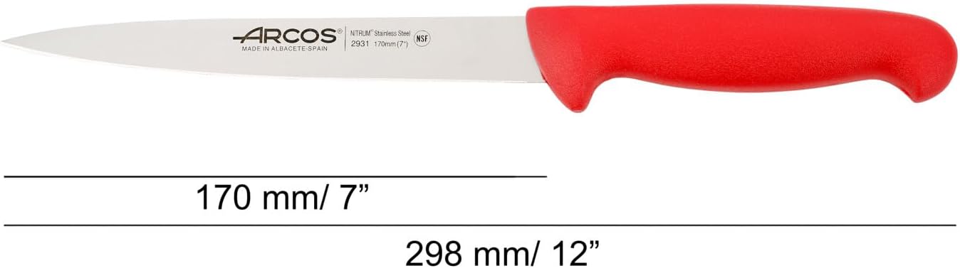 Arcos Sole Knife/Fish Knife 7 Inch Nitrum Stainless Steel and 170 mm Blade. Designed for handling and preparing fish. Ergonomic Polyoxymethylene POM Rosewood Handle. Series 2900. Color Red.