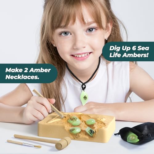 Sea Life Amber Dig Kit - Excavate 6 Glow in The Dark Sea Life Resin, Unique Marine Specimens, STEM Archaeology Educational Toys, Science Kits for Kids Ages 6-12, Ideal Gifts for Boys & Girls - Image 3