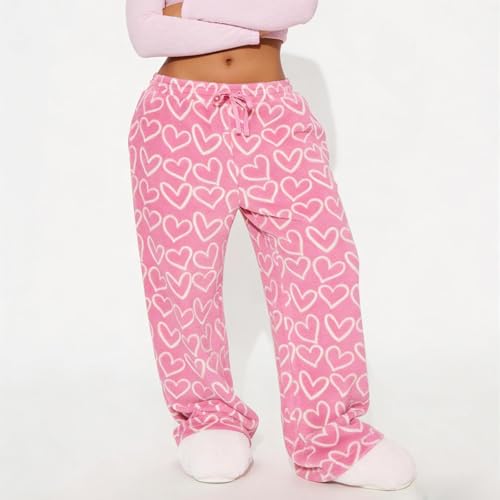 Image of Valentine's Day Flannel Pants Women's Romantic Heart Print Elastic Drawstring Waistband Wide Leg Loose Fit Trousers