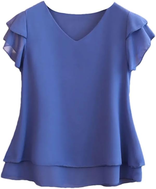 Women's V-Neck Chiffon Shirt Loose Short Sleeve Top