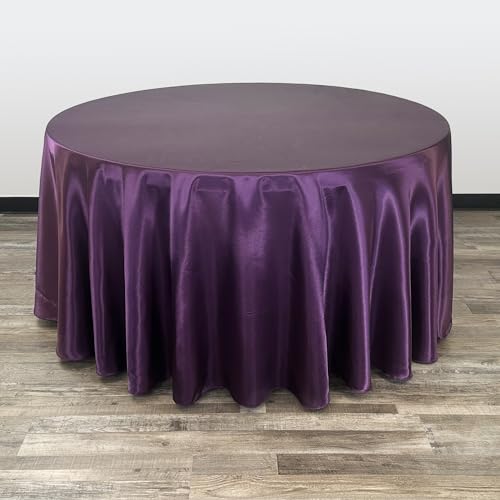 YOUR CHAIR COVERS - 120 inch Round Satin Tablecloth Eggplant, Round Table Linens for 5 ft Banquet Tables