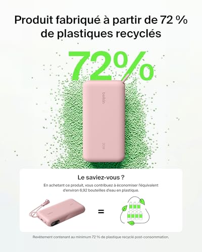 Belkin Batterie Externe USB-C 20 000 mAh, Power Bank avec 2 Ports Type C et 1 Port USB-A (écran numérique, 20 W, pour Tous Les modèles de l'iPhone 16, Samsung Galaxy S25, Pixel 9, iPad, etc., Rose)
