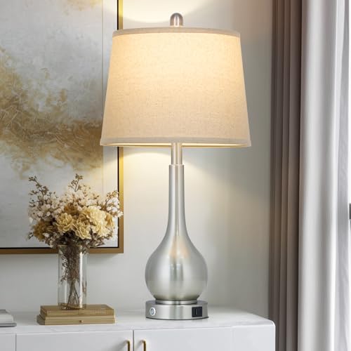 luxeflow 26" Silver Table Lamp for Bedroom, Touch Control Bedside Lamp for Nightstand with Charging Port, 3-Way Dimmable End Table Lamp for Living Room (1 Pack) - image 1
