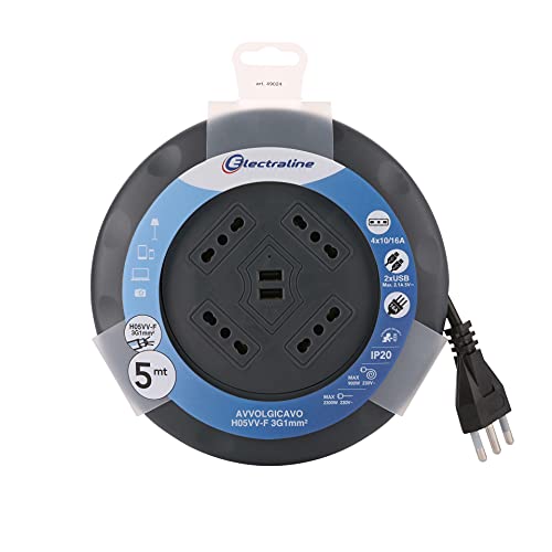 Electraline 49024 Prolunga con Avvolgicavo UFO design super slim 5M, 4 prese bivalenti (10/16A), spina 16A, con 2 prese USB (A+C)