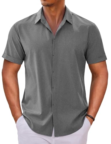 COOFANDY Mens Button Down Shirts Short Sleeve Casual Summer Beach Shirts for Men Vacation Wedding Linen Shirt