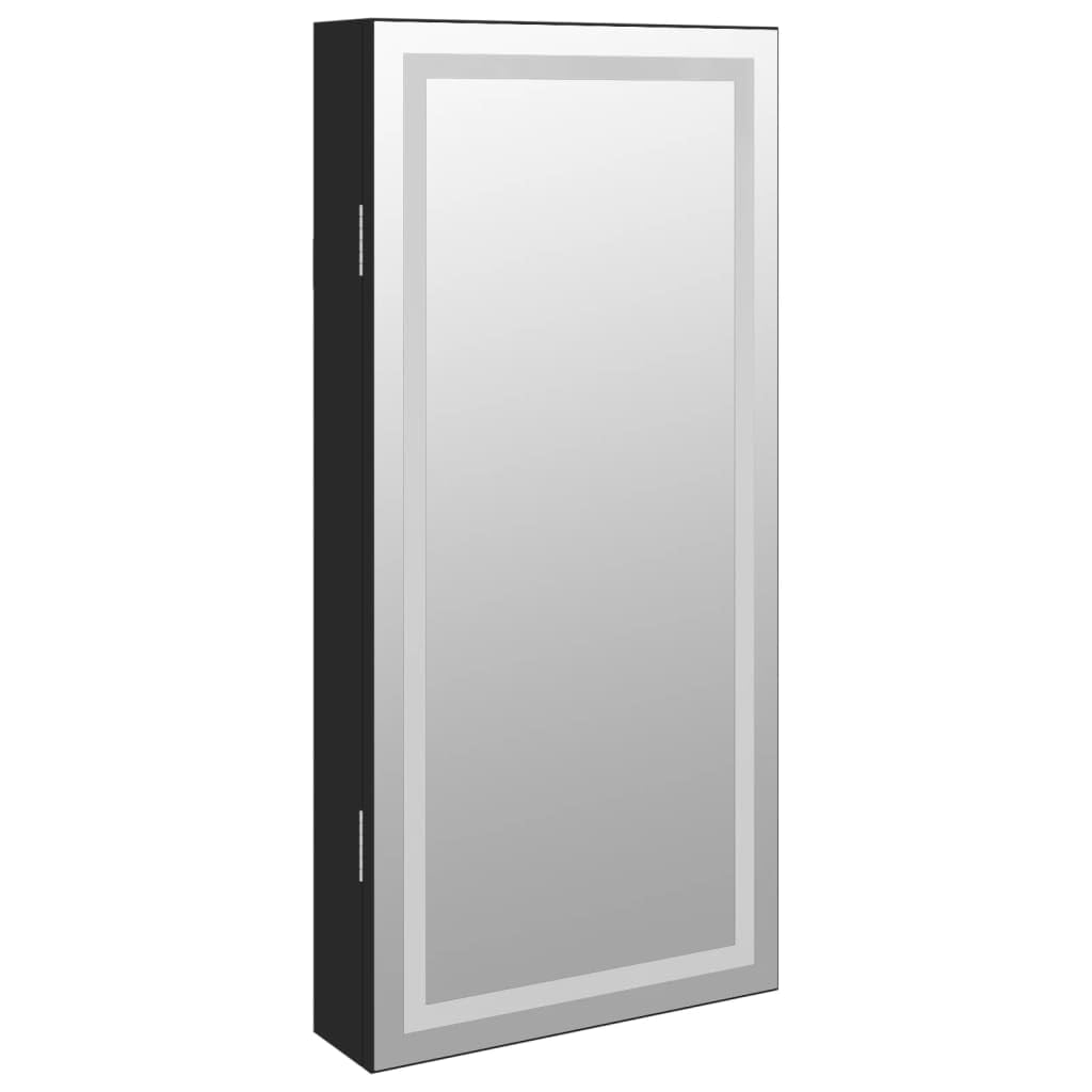 Czarna szafka na biżuterię z lustrem z oświetleniem LED, montowana na ścianie, zamykana, materiał drewnopochodny, 31,5 x 9 x 67 cm, do sypialni, łazienki, do przechowywania biżuterii