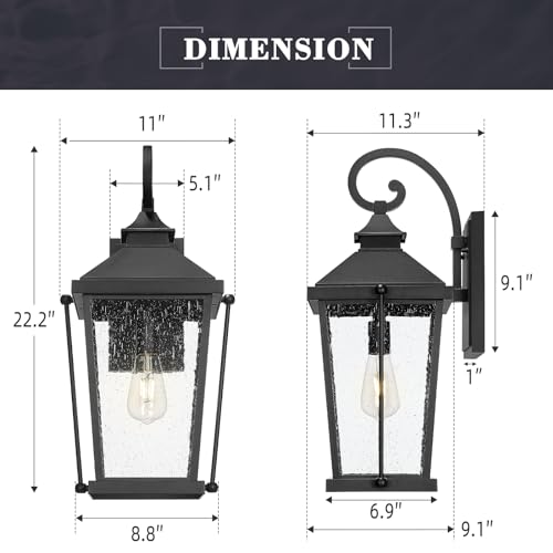 Image of zeyu 22 Inch Outdoor Lights for House, 1-Light Outdoor Wall Sconce for House Porch, Die-Cast Aluminum with Seeded Glass, Black Finish, ZW105B-M BK
