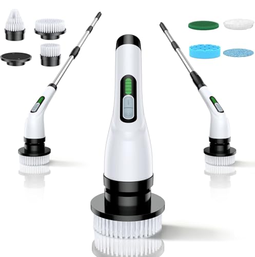 Image of VigorDay Electric Spin Scrubber - Cordless Bathroom Scrubber with 7 Brush Heads - Dual Speed IPX7 Waterproof Power Scrubber for Heavy-Duty Bathtub, Glass, Tile, and Car Cleaning (White)