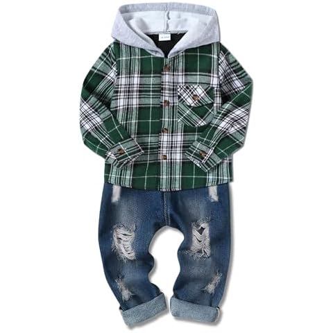 ZOEREA Toddler Baby Boys Clothes Outfits Kids Hoodie Flannel Shirts Set Plaid Hooded Tops +Jeans Pants Fall Winter Green 18-24 Months Cover