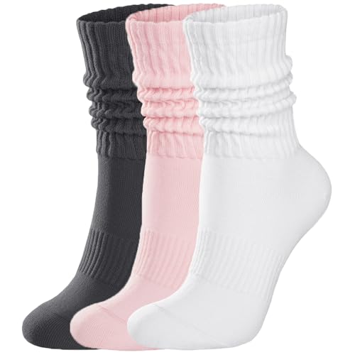 COZYOFFI Womens Scrunch Crew Socks: Retro Solid Slouch Mid Calf Socks - Cotton Casual Athletic Socks Grey White Pink
