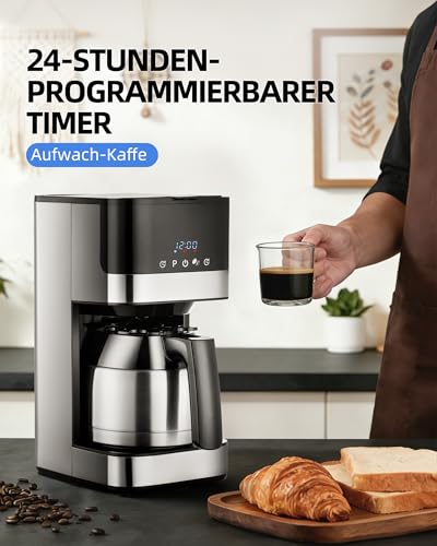 KEINVE KEINVE Edelstahl Kaffeemaschine mit timer, 24H programmierbar, LED Display, Warmhalteplatte, Abschaltautomatik, Tropfstopp, 900W, Filterkaffeemaschine mit Thermokaraffe, 10 Tassen, 1 Liter - Produktansicht 3 | Kaffeemaschinen mit integrierter Mühle