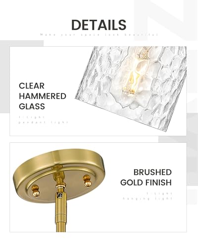 Image of zeyu Modern 1 Light Hanging Lamp, Hanging Lighting Fixture Set of 2, Gold Pendant Light with Clear Hammered Glass, Brushed Gold Finish, ZJF63MIL-2PK BG