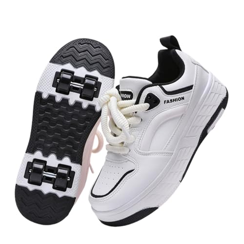 Surwin Zapatillas con 4 Ruedas Niña, Zapatos con Patines para Niñas Zapatos Deportivos de Niños con Ruedas 2 en 1 Zapatillas de Skateboard con Cordones 30-40 EU Roller Skate Shoes (Negro,30)