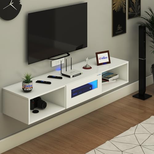 Image of Anikaa Novus Wall Mount Modern Floating TV Unit for Living Room with Open Shelf Storage Cabinet & Middle Cabinet Blue LED Light (Ideal for 32 to 65 inch TV, DIY Installation, White Finish)