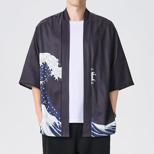 Image of PRIJOUHE Men's Japanese Kimono Cardigan Jackets Casual Long Sleeve Open Front Coat Lightweight Yukata Outwear