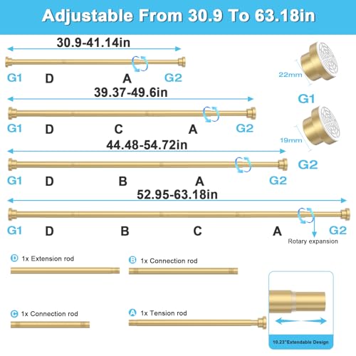 Image of Tension Curtain Rod 30 To 63 Inch Gold Tension Rods Adjustable Spring Loaded Curtain Rods 7 /8 inch Curtains Rods No Drilling Tension Rods For Windows Bedroom Closet Doorway Door
