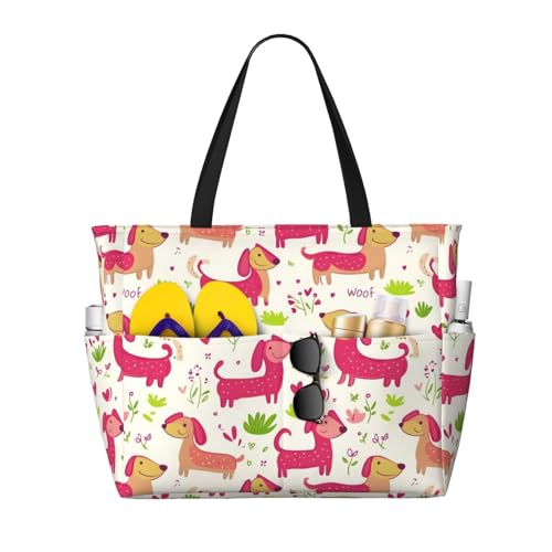 Large Beach Bags for Women Sandproof - Cute Dachshund Rose Print Summer Travel Work Tote Bags with Zipper