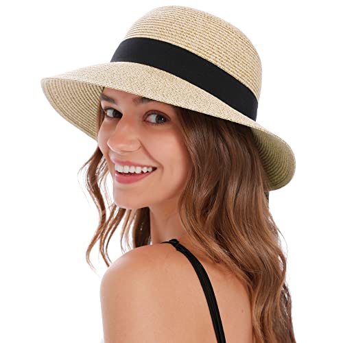 Summer Womens Hats With Brim Straw Boho Hats For Women Crushable Sun Hats For Women Women's Gardening Hats With Brim Packable Beach Hat With Lanyard Beige White #TOP29