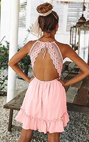 Image of ECOWISH Summer Dresses for Women 2026 V-Neck Spaghetti Strap Bowknot Backless Sleeveless Lace Mini Swing Skater Dress