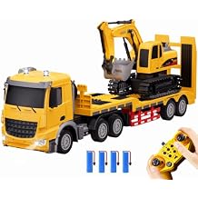 RC Semi Truck and Trailer & Excavator Toy Set - 11CH 24.6" Dual Control Mode Remote Control Engineering Vehicle with Sound & Lights, 2.4Ghz Flatbed Truck with Excavator Toys, Great Gift for Kids Boys