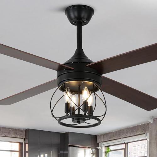 Curve Curio 52 Inch Farmhouse Ceiling Fan with Light and Remote Industrial Ceiling Fan Quiet and Reversible DC Motor Rustic Caged Chandelier Fan for Living Room Bedroom Patio (Caged Frame)