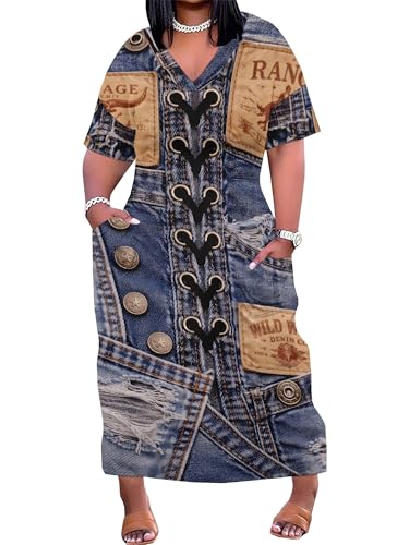 Image of SUZONANA Plus Size Denim Print Maxi Dresses for Women Casual V Neck Short Sleeve with Pockets Soft Jean Look Dress XL-6XL