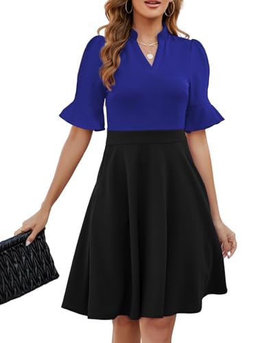 Image of Mokayee Womens Summer V Neck Ruffle Short Sleeve Fit and Flare Knee Length Church Wedding Guest Dresses with Pockets