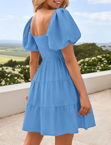 Image of ZESICA Women's Boho 2026 Summer Square Neck Puff Sleeve Off Shoulder Smocked Tiered Casual A Line Short Mini Dress