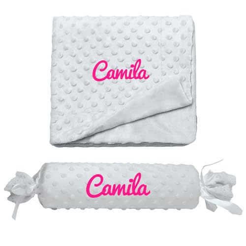 rparty  Cojín en Forma de Caramelo + Manta de Burbujas para Bebé Recian Nacido – Textura Extra Suave de Burbujas, Personalizado con el Nombre del Bebé Bordado y Puntilla de Encaje, Desenfundable.